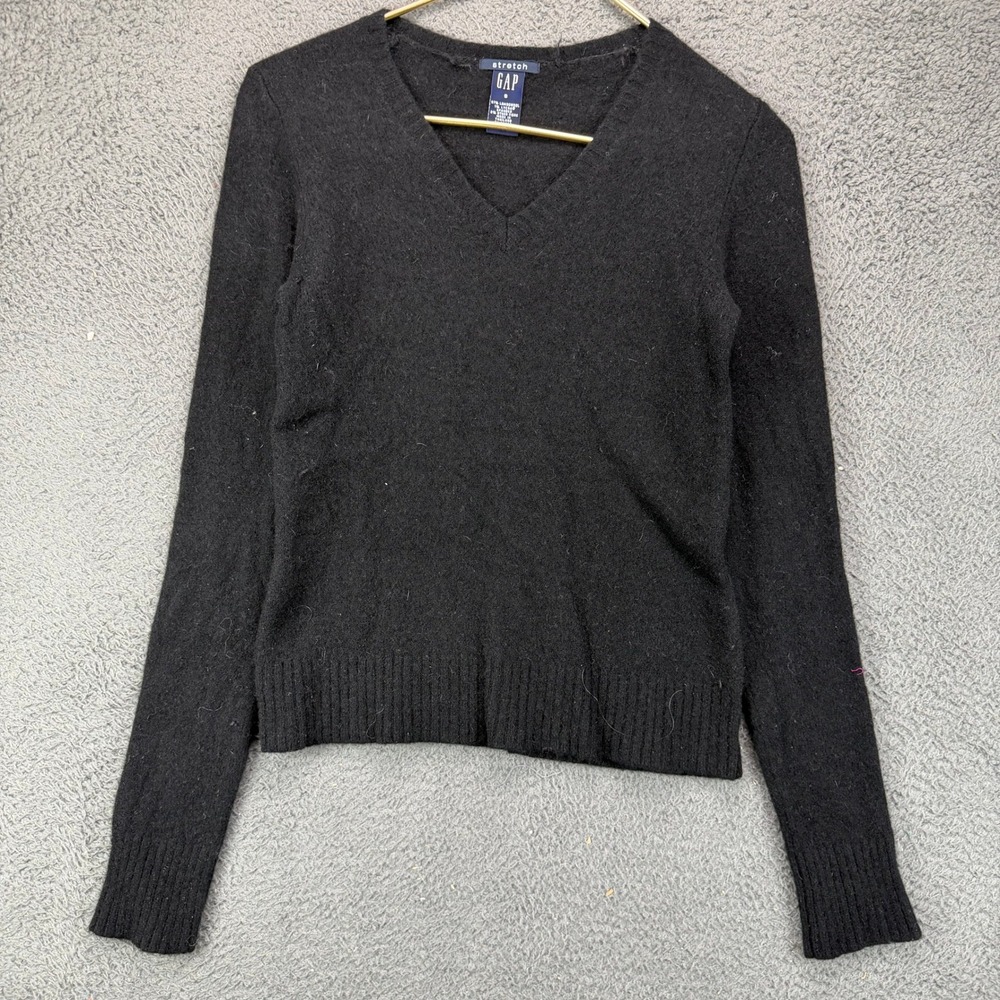 Gap Stretch Lambswool V-Neck Sweater Black Small Soft Knit Pullover RN 54023